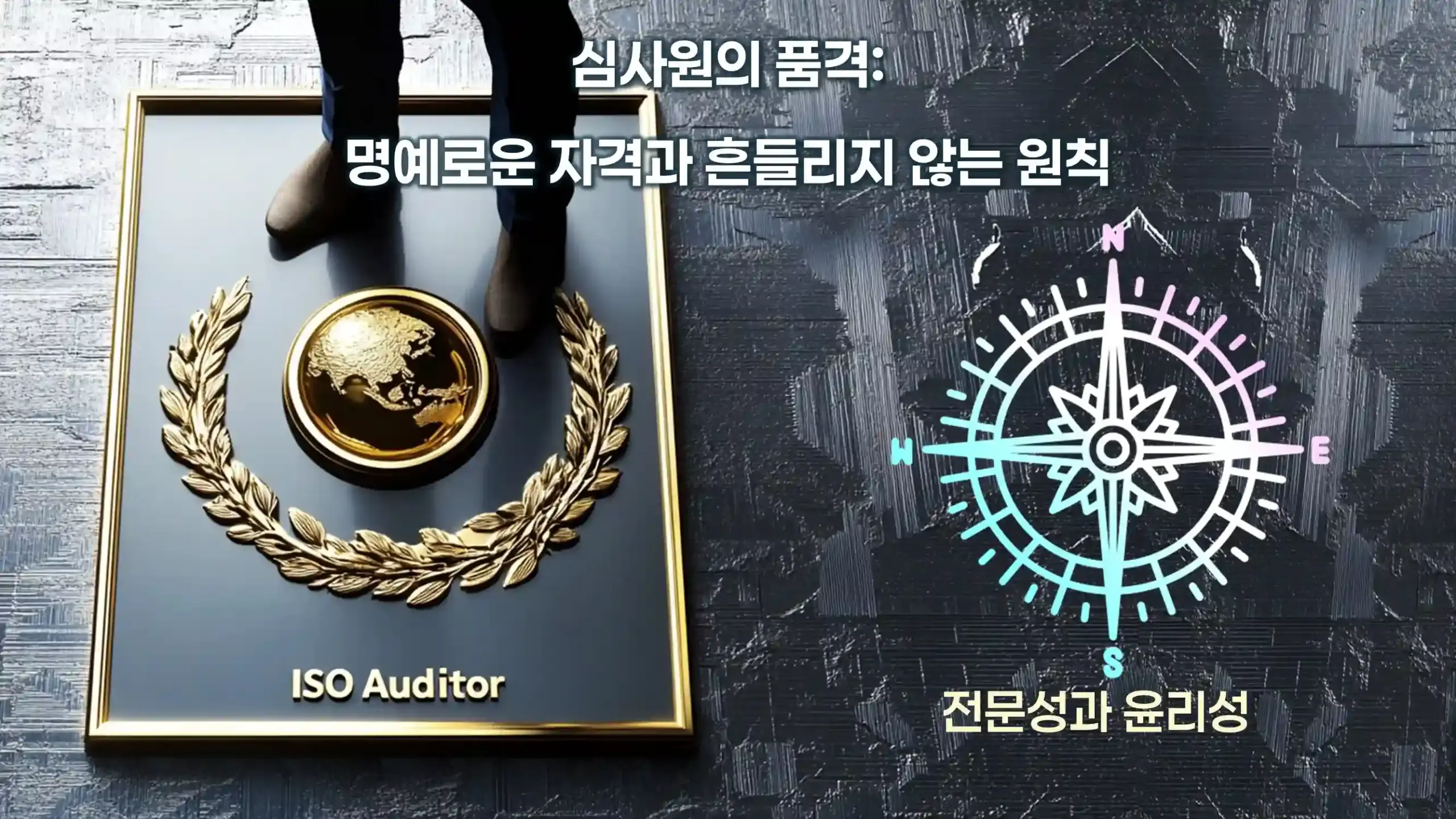 ISO 19011 감사 스킬 마스터 과정의 전문가들이 미래지향적인 공간의 계단을 오르는 모습. 주변에는 데이터 홀로그램이 떠 있다.