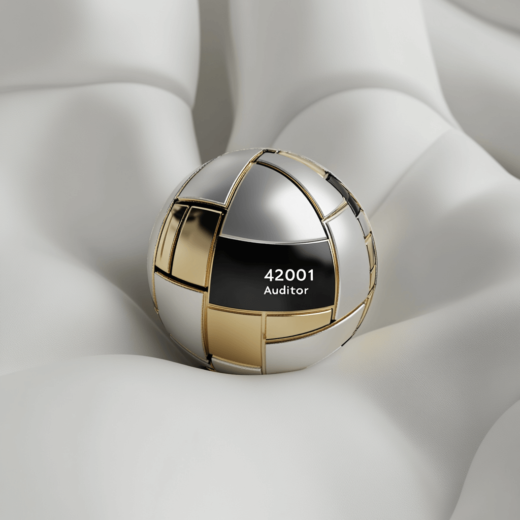 ISO 42001 Auditor Sphere - AI 경영 시스템 감사를 상징하는 시각 이미지
