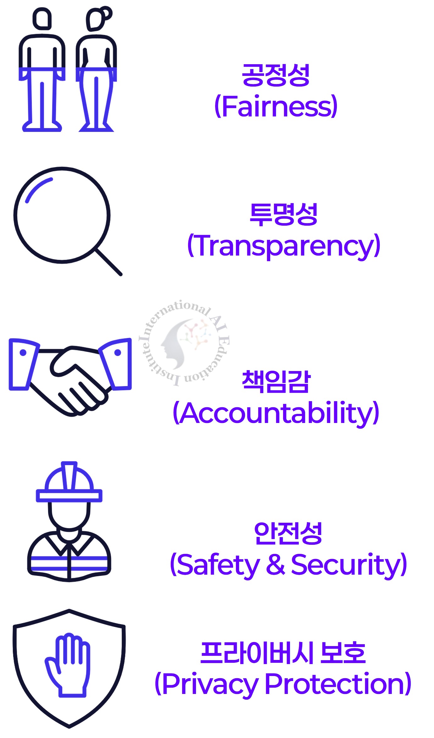 공정성, 투명성, 책임감, 안전성, 프라이버시 보호 5대 AI 윤리 원칙 인포그래픽