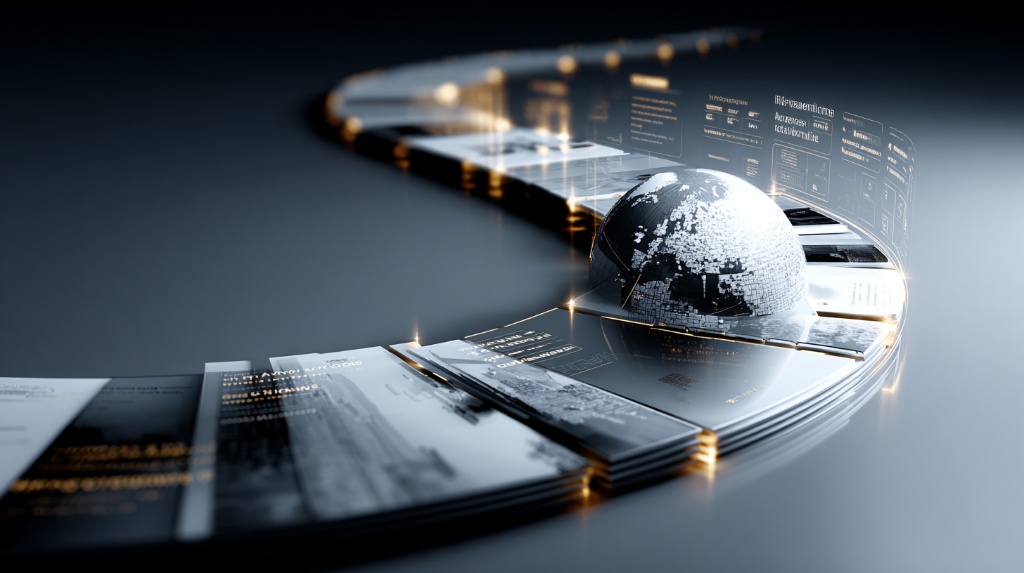 ISO 9001 내부심사 조항 네비게이션 구조도. 지구본을 감싸며 흐르는 데이터 궤적을 통해, 기업의 프로세스와 조항들이 단절 없이 하나의 리스크 추적 지도로 유기적으로 연결된 모습을 시각화한 이미지.