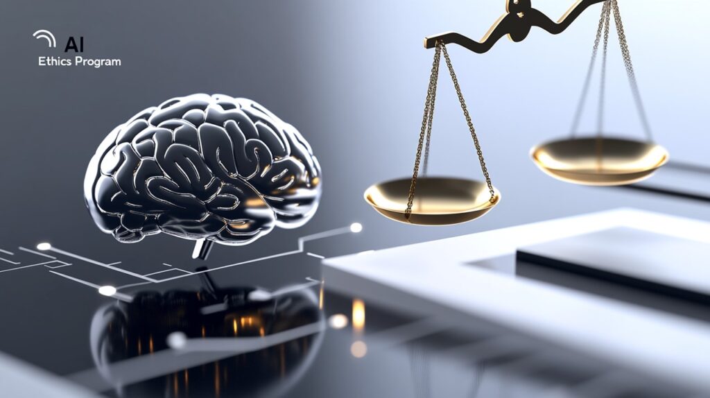 메탈릭 인공지능 뇌와 균형을 잡고 있는 황금 저울, AI 시스템의 거버넌스와 윤리적 책임성(Accountability)을 강조하는 시각 자료