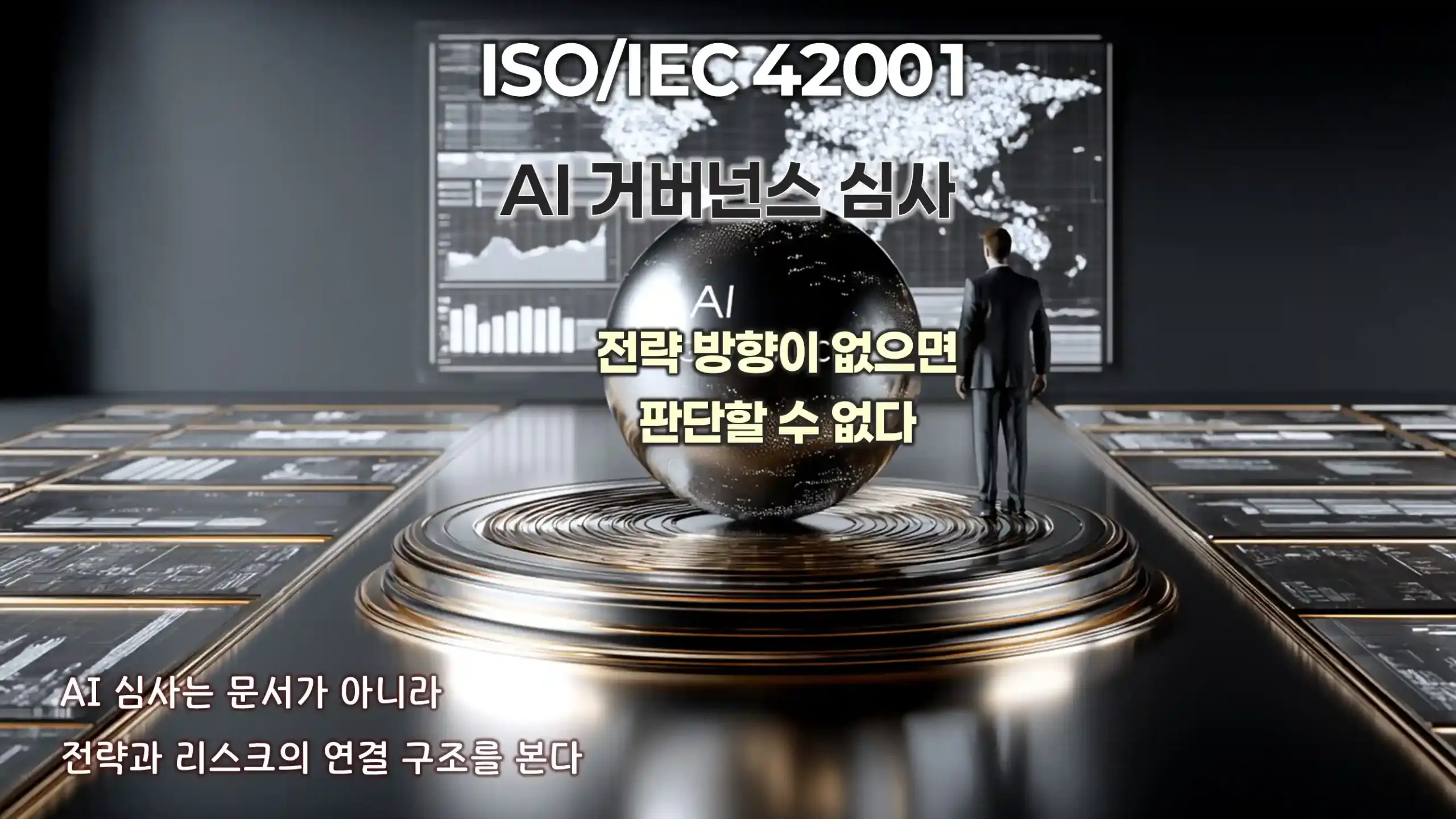 ISO/IEC 42001 AI 거버넌스 심사에서 전략 방향이 없으면 판단할 수 없다는 개념을 설명하는 이미지