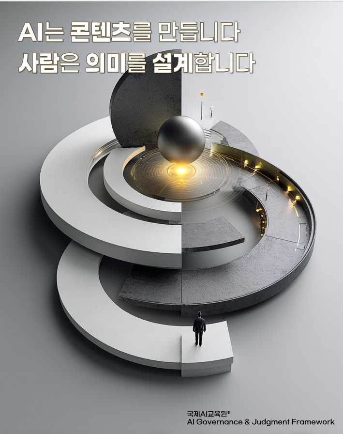 AI 크리에이터 과정에서 인간의 의미 설계와 AI 콘텐츠 생성 구조를 표현한 국제AI교육원 이미지