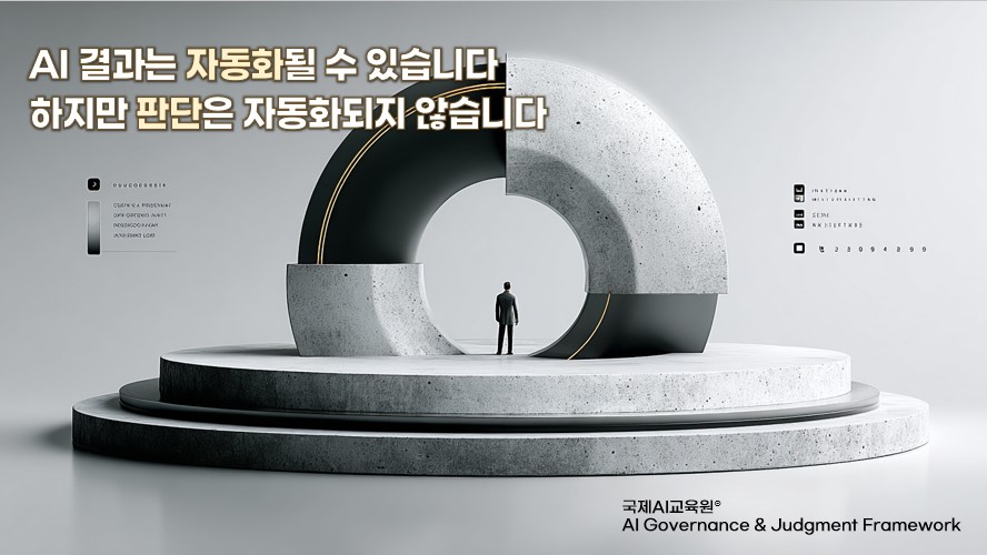 AI 결과 자동화와 인간 판단 구조를 표현한 국제AI교육원 AI 거버넌스 및 AI 윤리 프레임워크 이미지