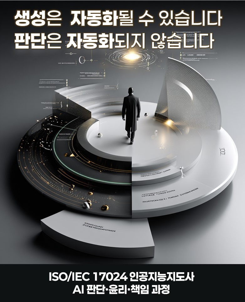 ISO IEC 17024 인공지능지도사 과정에서 AI 판단 윤리 책임 구조와 인간 중심 AI Governance를 설명하는 이미지