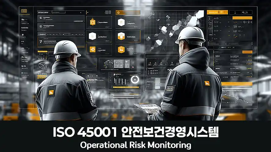 ISO 45001 안전보건경영시스템에서 현장 리스크와 운영 통제를 모니터링하는 장면