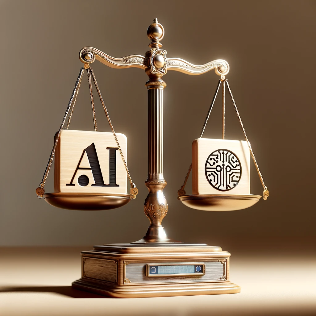 AI 윤리적 사용 상징: 균형 잡힌 천칭 이미지와 AI 로고를 결합하여, 윤리적 사용의 중요성을 상징
