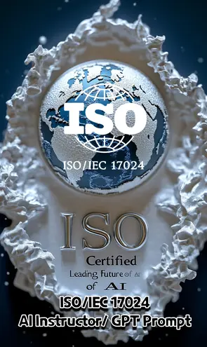 ISO/IEC 17024 AI 자격증 인증 로고, 인공지능 지도사 및 GPT 프롬프트 자격증을 상징하는 이미지