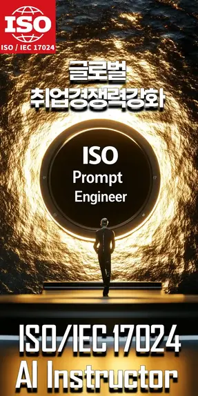 글로벌 취업 경쟁력 강화' 문구와 함께 ISO Prompt Engineer 인증을 강조하며, 문과생을 위한 AI 자격증의 취업 경쟁력을 부각한 디자인