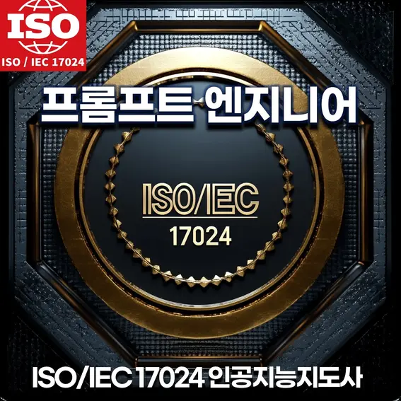 ISO/IEC 17024 인증 로고와 프롬프트 엔지니어 텍스트가 포함된 고급스러운 이미지. 금속 질감과 현대적인 디자인이 돋보이는 시각적 요소