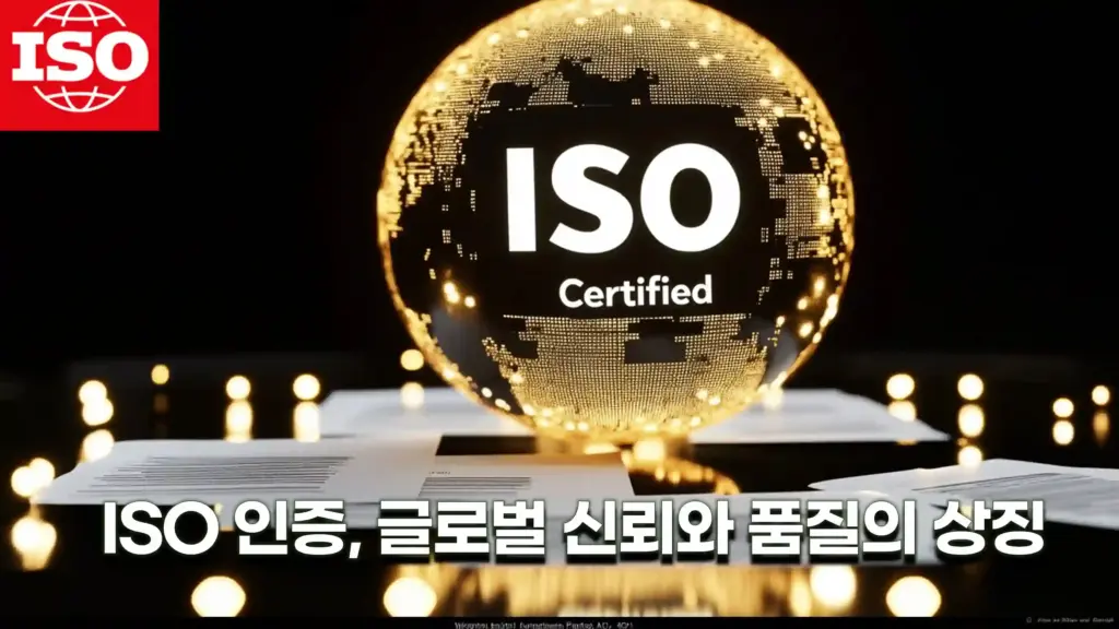 ISO 로고와 함께 빛나는 지구본 형태의 디자인. 글로벌 신뢰와 품질을 상징하는 ISO 인증의 중요성을 강조하며, 문서와 빛나는 배경이 조화를 이루는 이미지