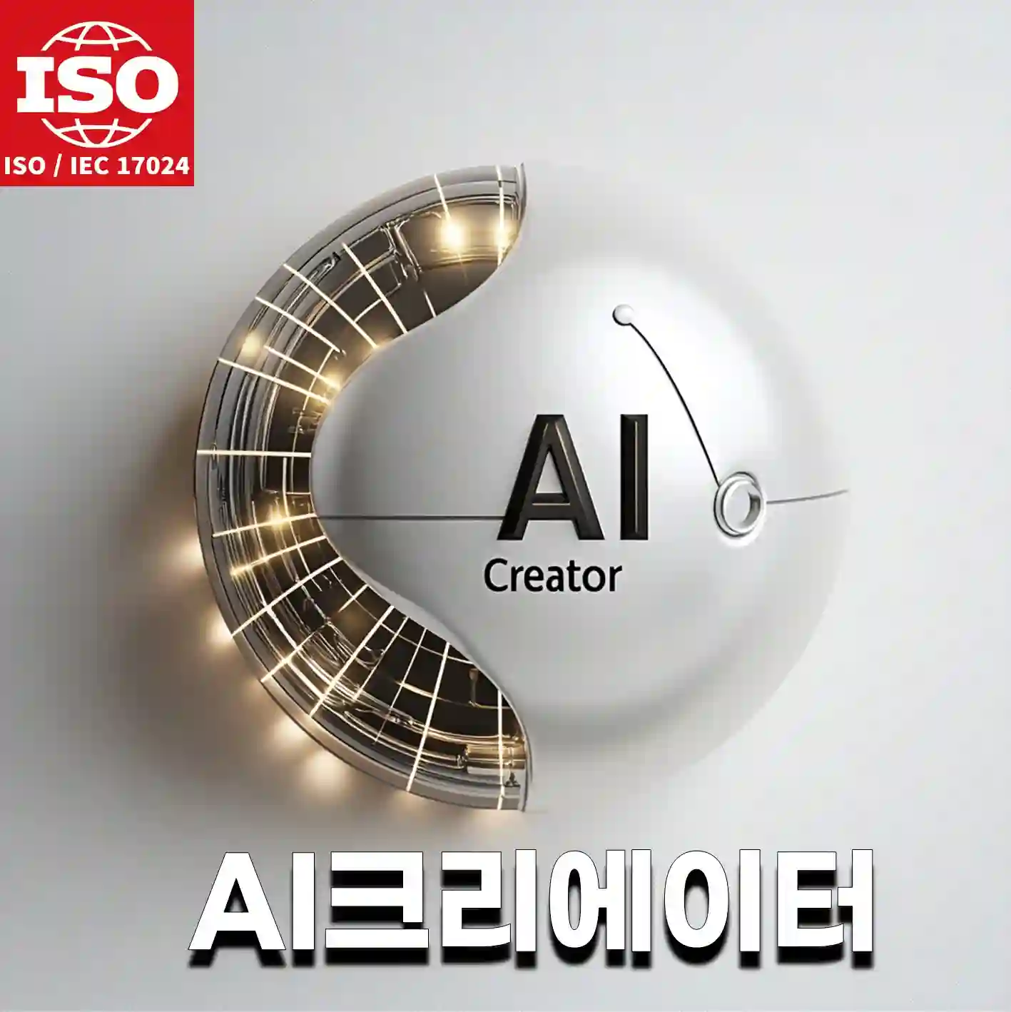 ISO/IEC 17024 인증 AI 크리에이터 자격증을 상징하는 고급스러운 디자인 이미지. 반구형 구조와 빛나는 효과로 AI 기술과 창의성을 강조하며, 국제 표준을 기반으로 한 자격증의 신뢰성과 전문성을 표현