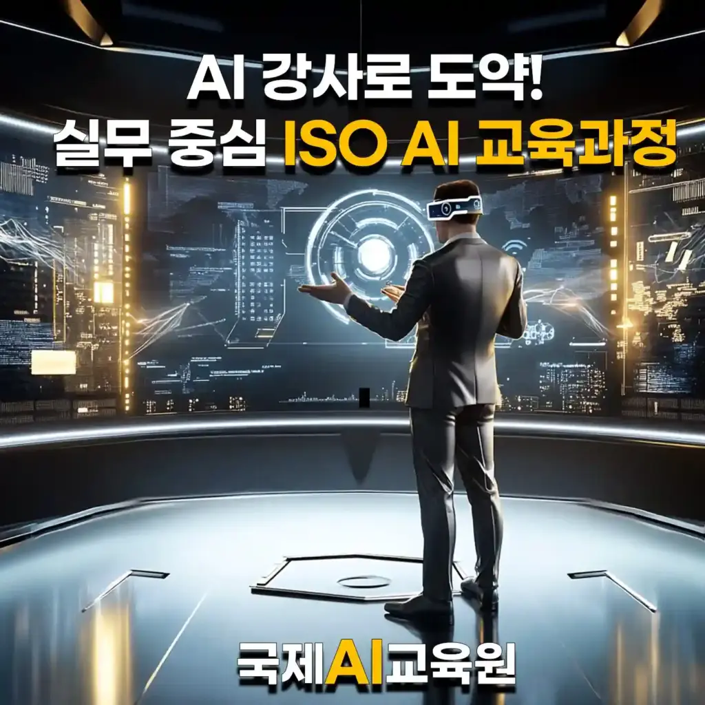 ISO AI 강사 과정 – AI 강사가 디지털 화면 앞에서 강의를 진행하는 모습. 국제AI교육원의 AI 강사 양성 과정 홍보 이미지