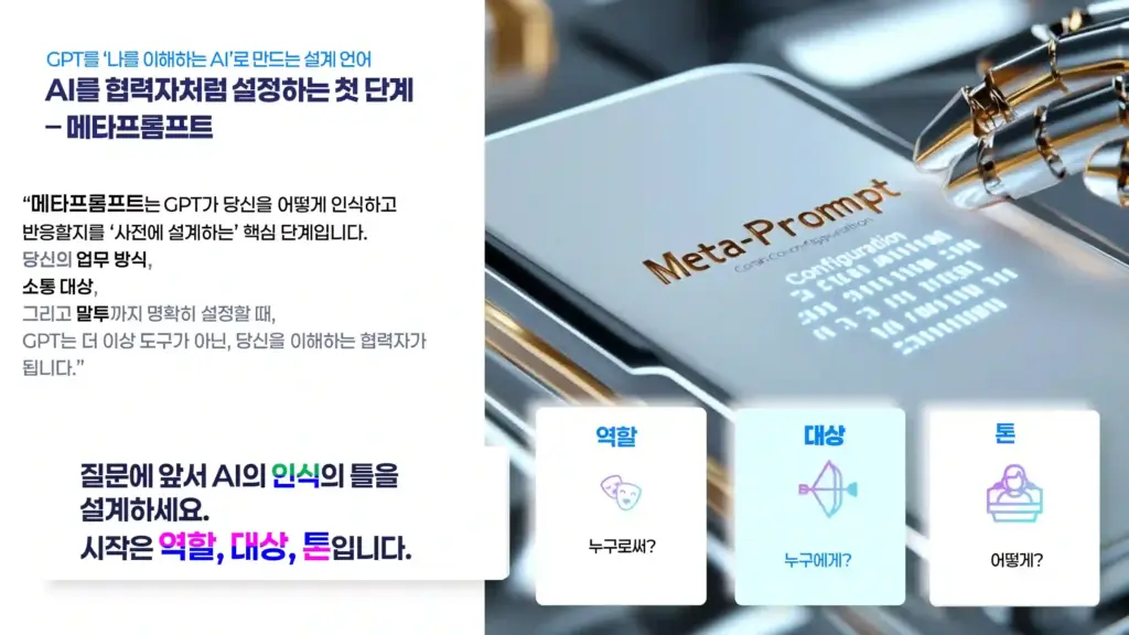 GPT에게 나를 이해시키는 메타프롬프트 설계 1단계 – 역할, 대상, 톤을 설정하여 AI를 협력자로 만드는 방법을 설명하는 시각 자료