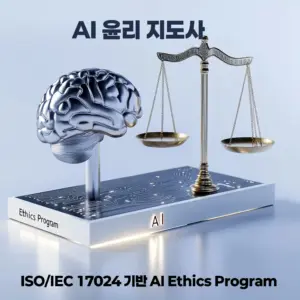 AI 윤리지도사 과정 대표 이미지. 금색 저울과 AI 뇌 모델이 ISO/IEC 42001 기반 AI Ethics Program을 상징하는 시각 구성.
