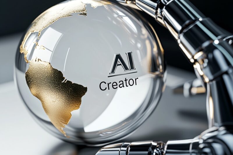 미래지향적 로봇 손이 AI Creator 로고가 새겨진 크리스탈 지구본을 감싸고 있는 모습 (ISO/IEC 17024 국제 표준 인공지능 자격증 상징)