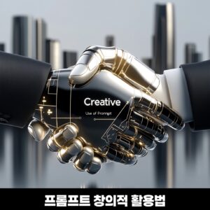 인간과 로봇이 악수하는 미래지향적 이미지 (ISO 프롬프트 엔지니어 심화 과정 및 창의적 AI 활용 상징)