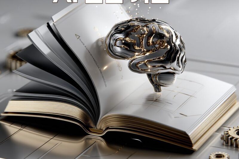 Open book with a glass brain and gears, illustrating AI decision criteria; Korean titles 'AI 판단 기준' and 'AI 사고 설계자 인증 과정'.