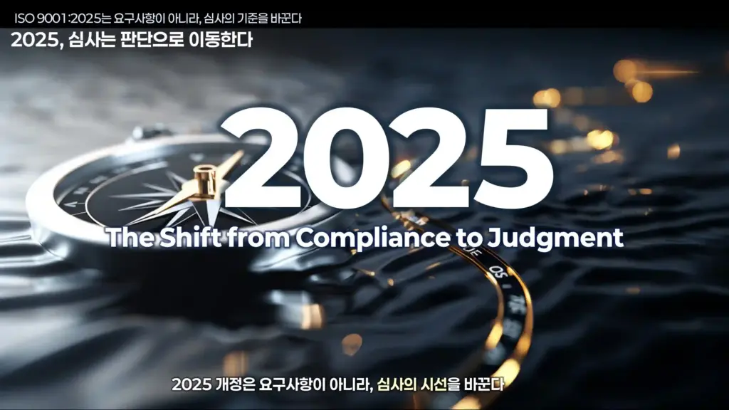 ISO 9001:2025 개정 표준의 핵심인 '적합성 준수에서 시스템 판단으로의 이동'을 상징하는 나침반과 파도 비주얼
