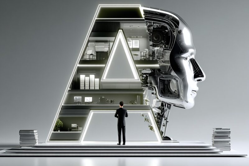 Futuristic AI concept: a glowing letter A with a cutaway interior and a businessperson facing it, a robotic head on the right; Korean headline above and ISO/IEC 17024 caption below.