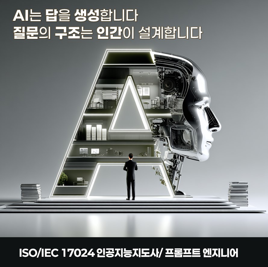 Futuristic AI concept: a glowing letter A with a cutaway interior and a businessperson facing it, a robotic head on the right; Korean headline above and ISO/IEC 17024 caption below.