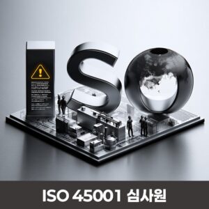 3D ISO 45001 letters with a globe inside the O, a warning sign, and tiny figures on a high-tech platform—conveys ISO 45001 auditing theme.