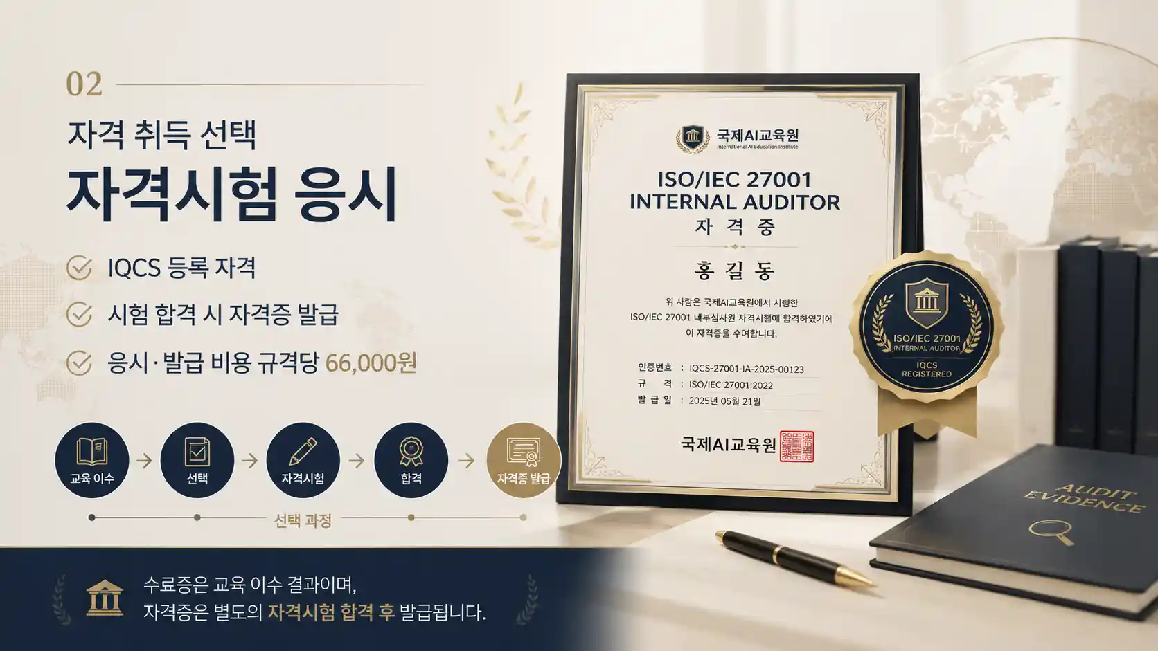 ISO IEC 42001 내부심사원 교육 이수 후 선택적으로 자격시험에 응시하고 합격 시 자격증을 발급받는 절차