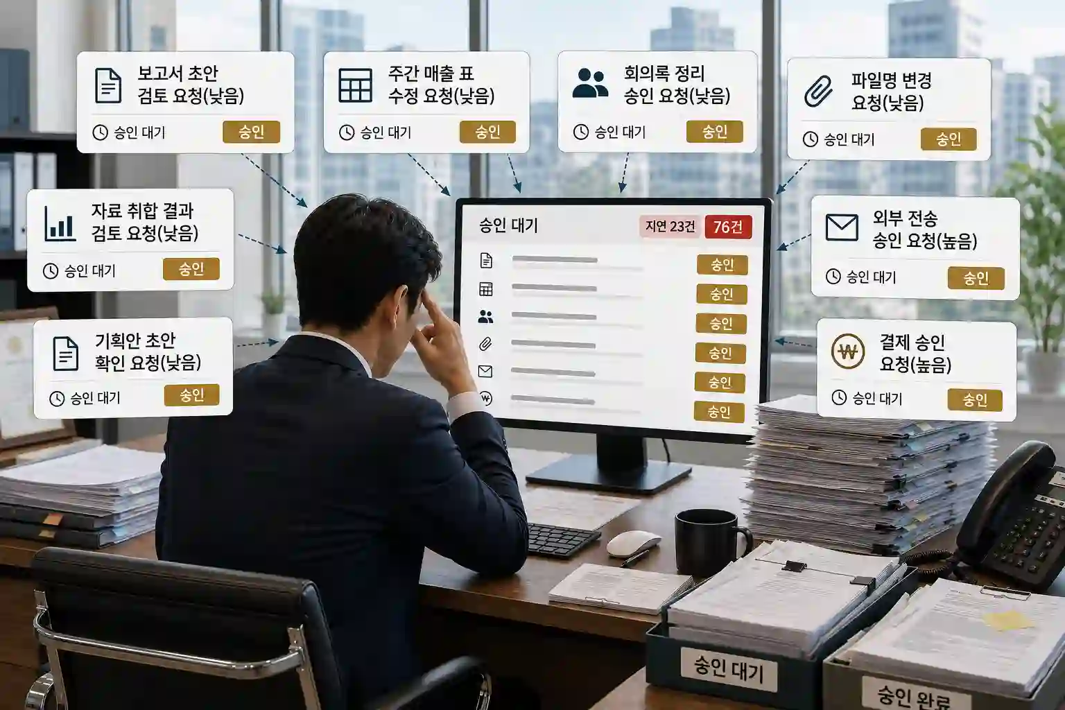 여러 방향에서 몰려드는 승인 요청 카드에 둘러싸인 A사 대표가 스스로 업무 병목이 된 상황을 보여주는 모듈9 보조이미지