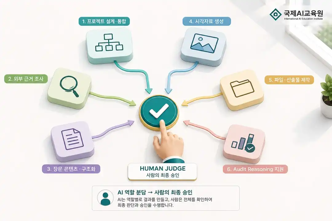 다중 AI 협업 구조도. 프로젝트 설계·통합, 외부 근거 조사, 장문 콘텐츠·구조화, 시각자료 생성, 파일·산출물 제작, Audit Reasoning 지원까지 6개 AI 역할이 중앙의 Human Judge(사람의 최종 승인)로 모이는 흐름을 보여주는 인포그래픽