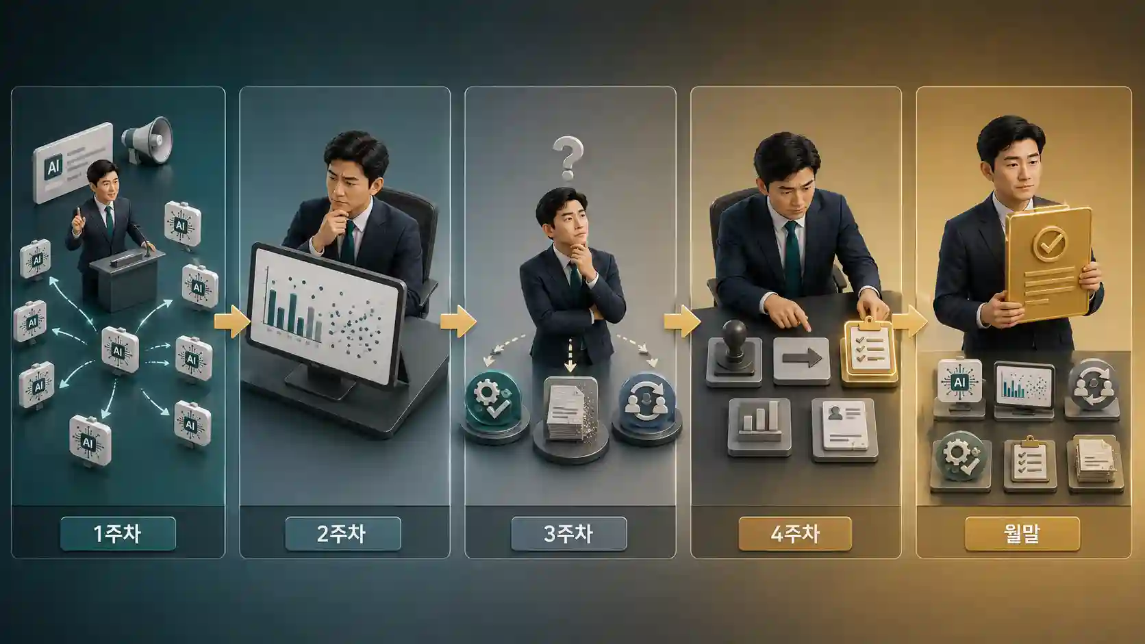 A사 대표가 라이선스를 배포한 뒤 조직 표준으로 자리잡기까지의 과정을 1주차부터 월말까지 시간대별로 보여주는 모듈10 인포그래픽
