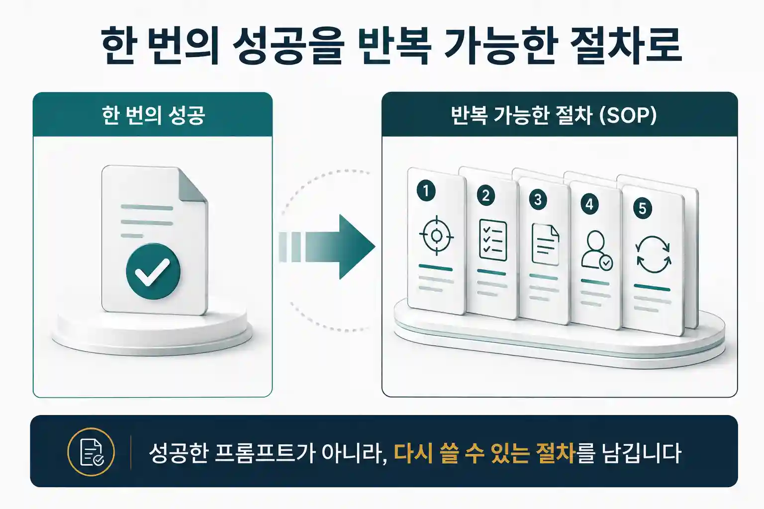 한 번의 성공을 반복 가능한 절차로 전환하는 과정을 좌우 대비로 보여주는 모듈8 대표이미지