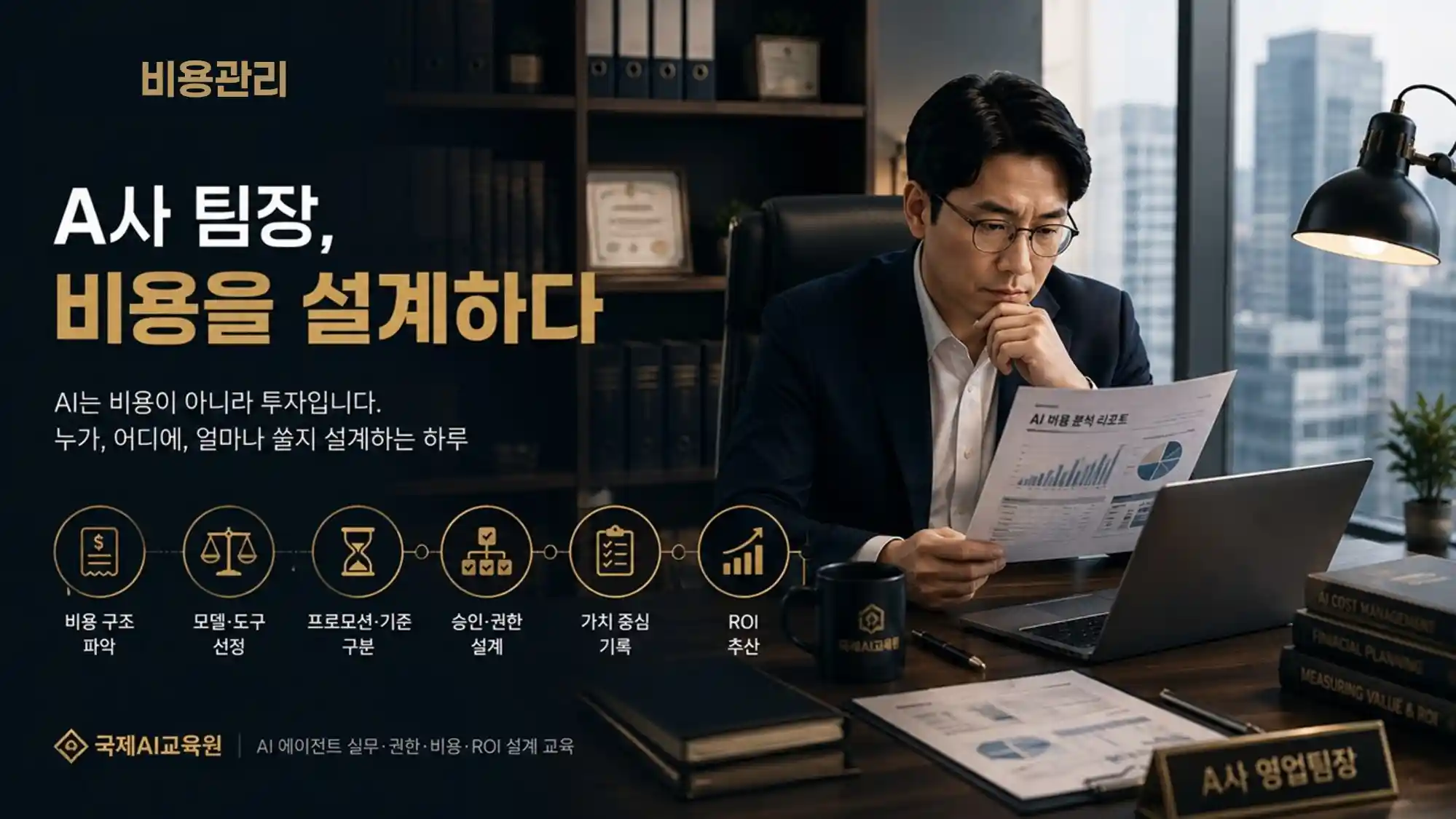 A사 영업팀장이 AI 비용 분석 리포트를 검토하며 비용 구조를 설계하는 모습 — 모듈5 대표 이미지