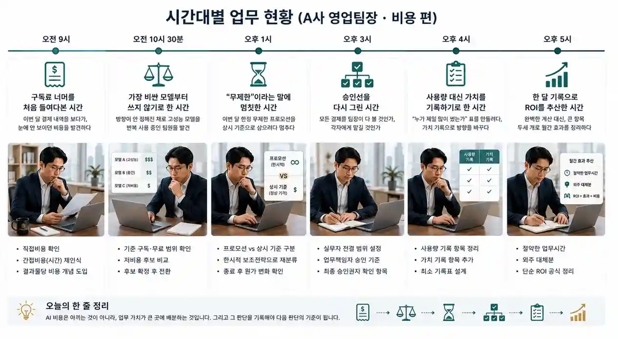AI 비용을 설계하는 A사 영업팀장의 하루를 오전 9시부터 오후 5시까지 시간대별로 보여주는 인포그래픽 — 비용구조 발견, 기본환경 검증, 프로모션 착시, 승인선 설계, 가치 기록, ROI 추산