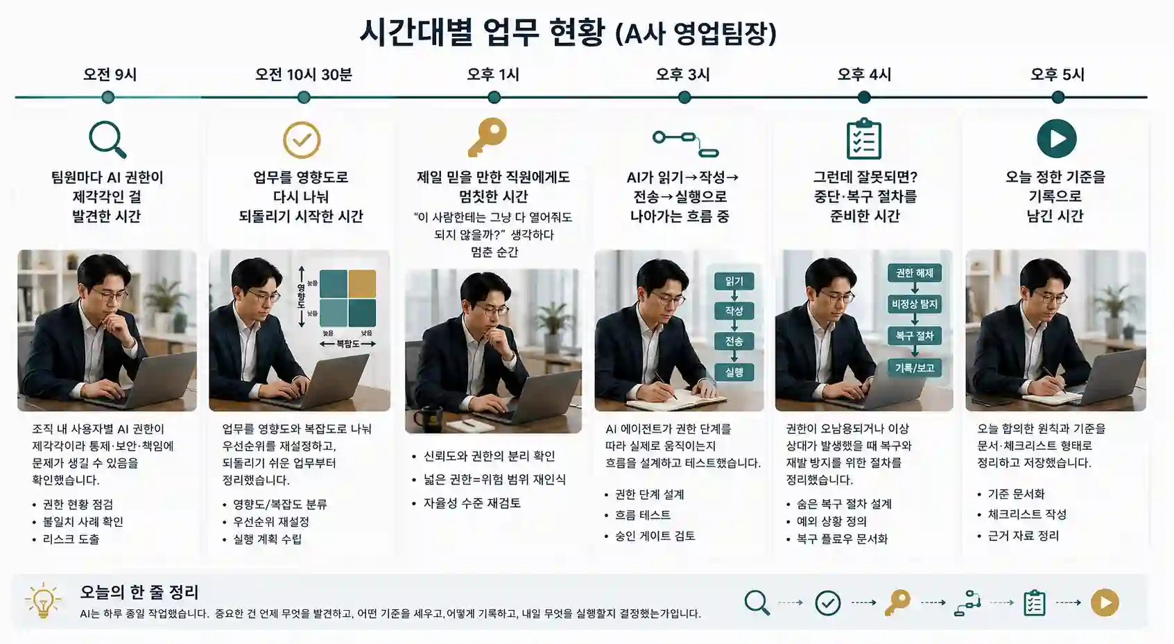 AI 권한을 설계하는 A사 영업팀장의 하루를 오전 9시부터 오후 5시까지 시간대별로 보여주는 인포그래픽 — 권한 현황 발견, 영향도 분류, 신뢰와 권한의 분리, 승인 게이트 설계, 중단·복구 절차, Evidence 기록