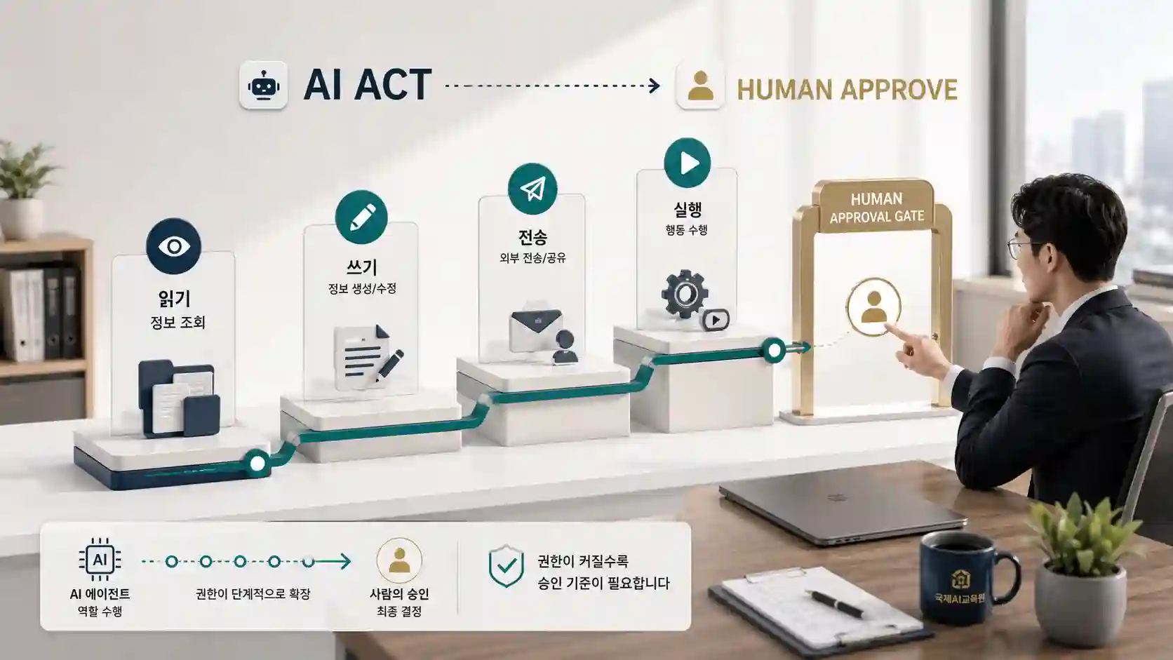AI 권한 실행 직전 사람이 승인하는 순간을 보여주는 이미지