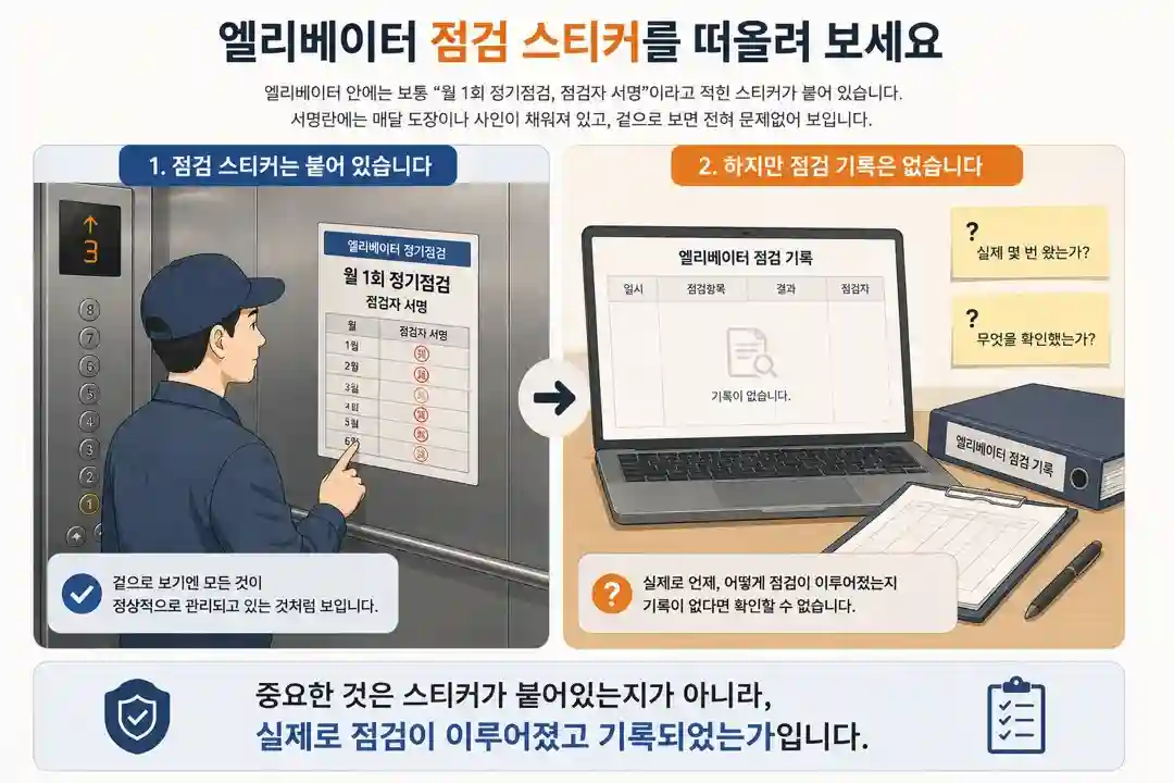 Human Oversight 비유 이미지 — 엘리베이터 점검 스티커(형식)와 실제 점검 기록(증거)을 비교, 중요한 것은 스티커가 아니라 실제 점검이 이루어졌고 기록되었는가라는 것을 보여주는 인포그래픽