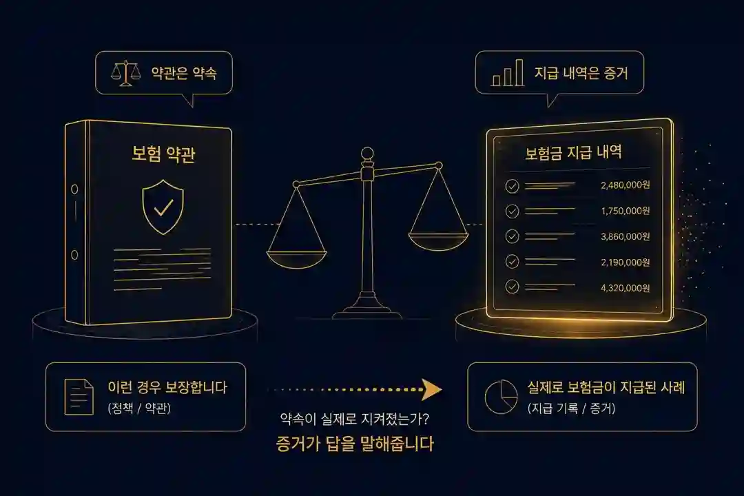 Human Oversight 운영 증거 비유 이미지 — 보험 약관(약속)과 보험금 지급 내역(증거)을 저울로 비교, 약속이 실제로 지켜졌는가? 증거가 답을 말해줍니다