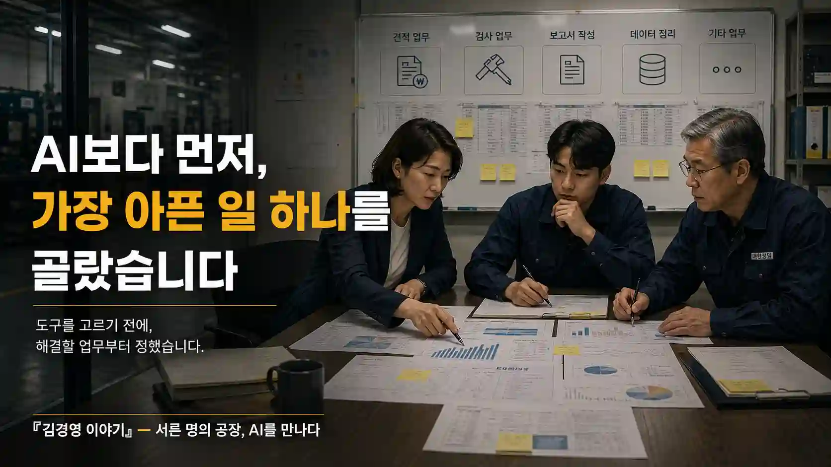 김경영 대표와 박 과장, 오 부장이 견적과 검사 등 반복 업무를 검토하며 가장 먼저 개선할 업무를 선택하는 장면