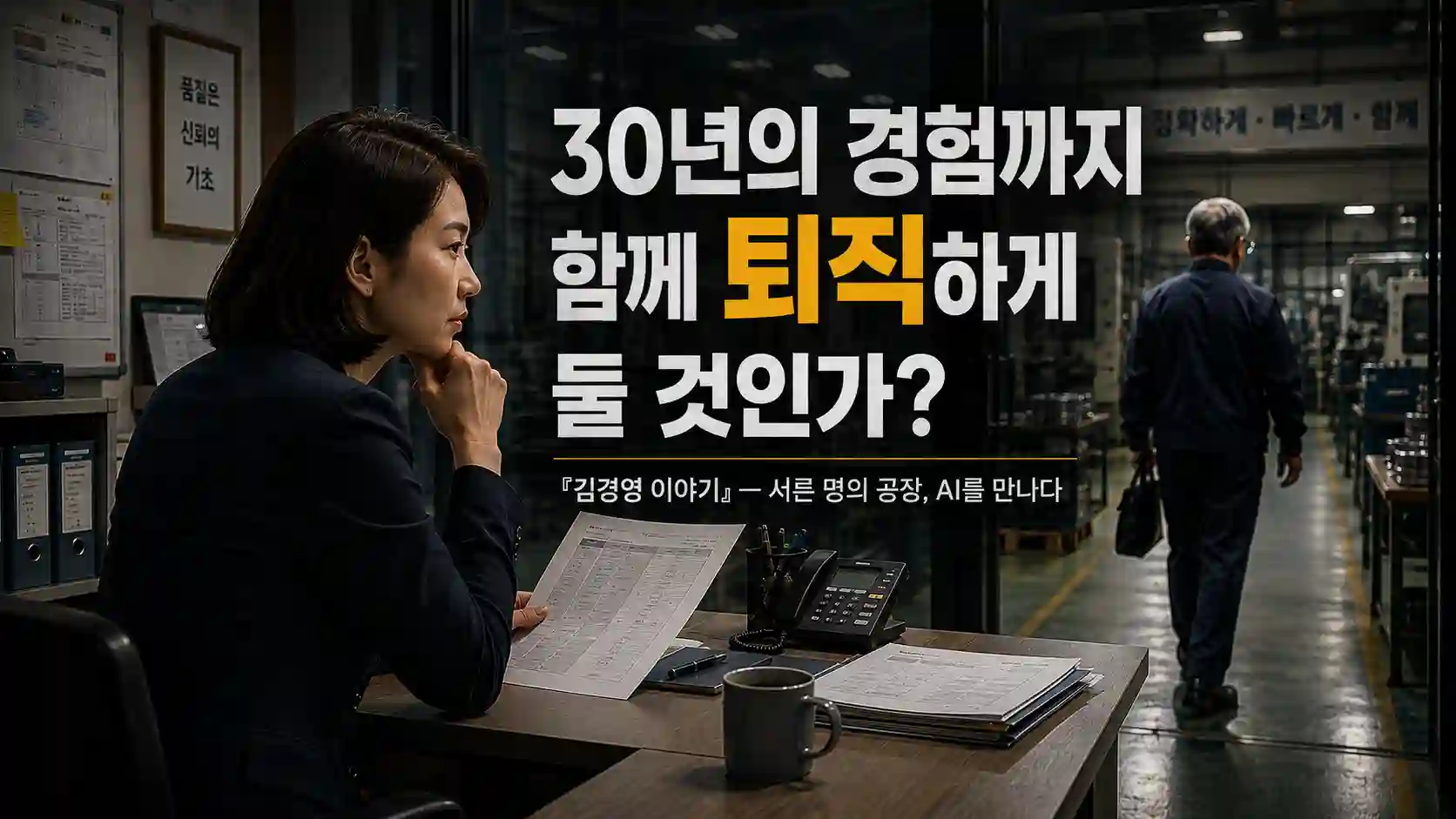 퇴근하는 30년 베테랑 오 부장을 바라보며 그의 경험을 회사에 남길 방법을 고민하는 대한정밀 김경영 대표