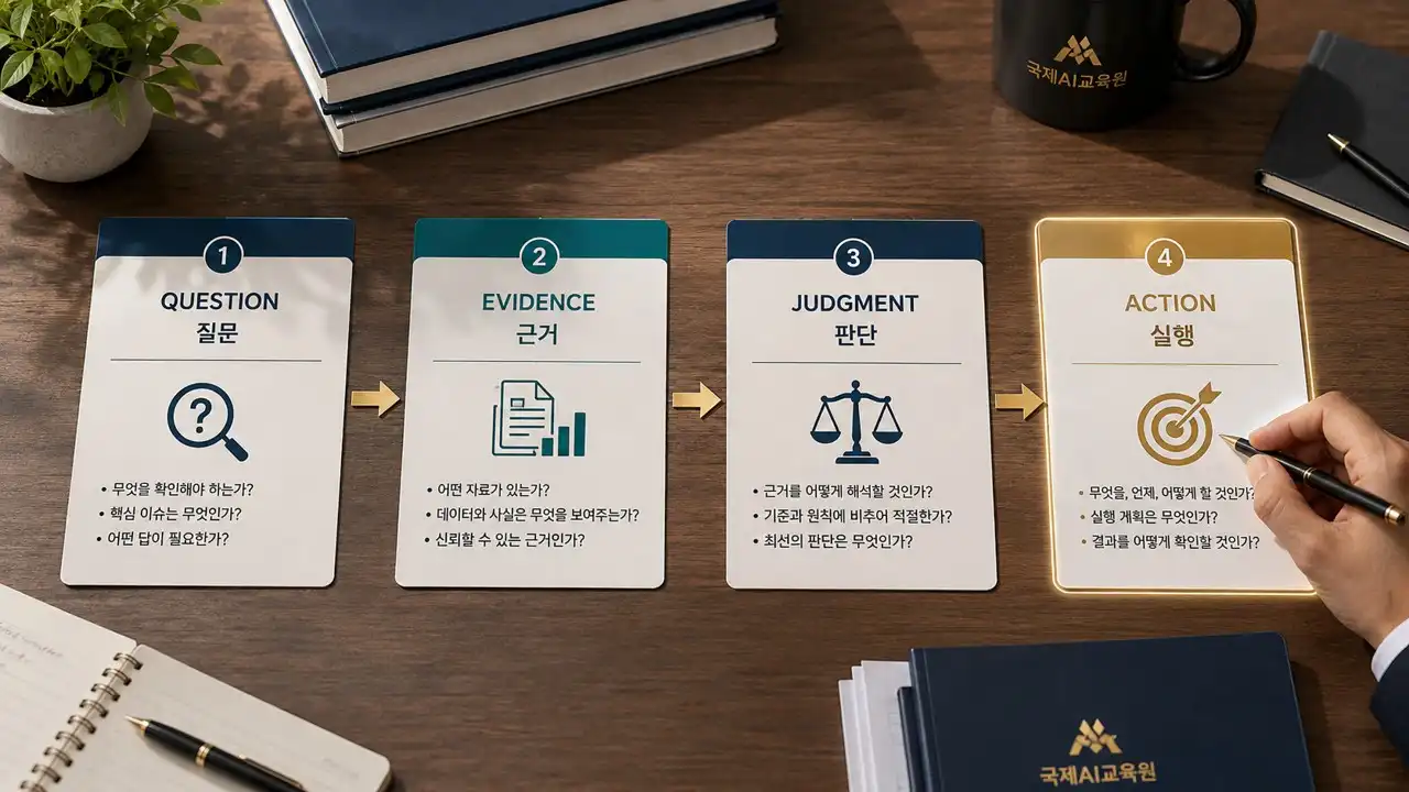 QEJA 프레임워크 4단계 — 질문, 근거, 판단, 실행 순서로 AI 결과를 검증하는 국제AI교육원의 판단 절차