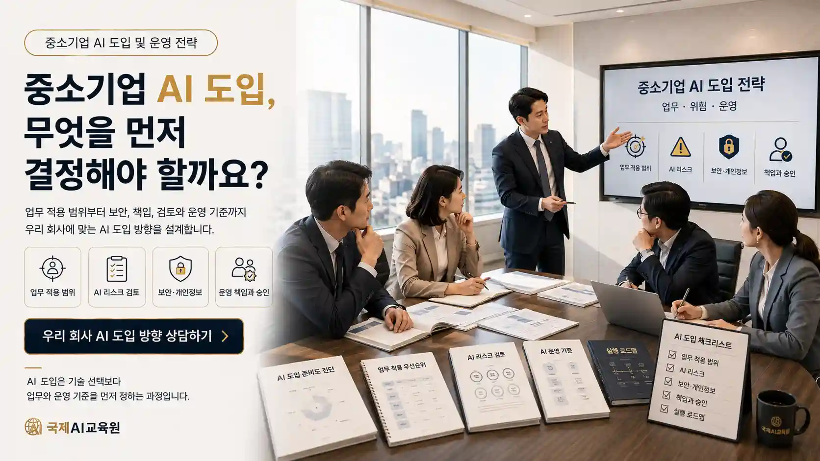 한국 중소기업 경영진과 컨설턴트가 업무 적용 범위, AI 리스크, 보안·개인정보, 책임과 승인 기준을 검토하는 AI 도입 전략 회의