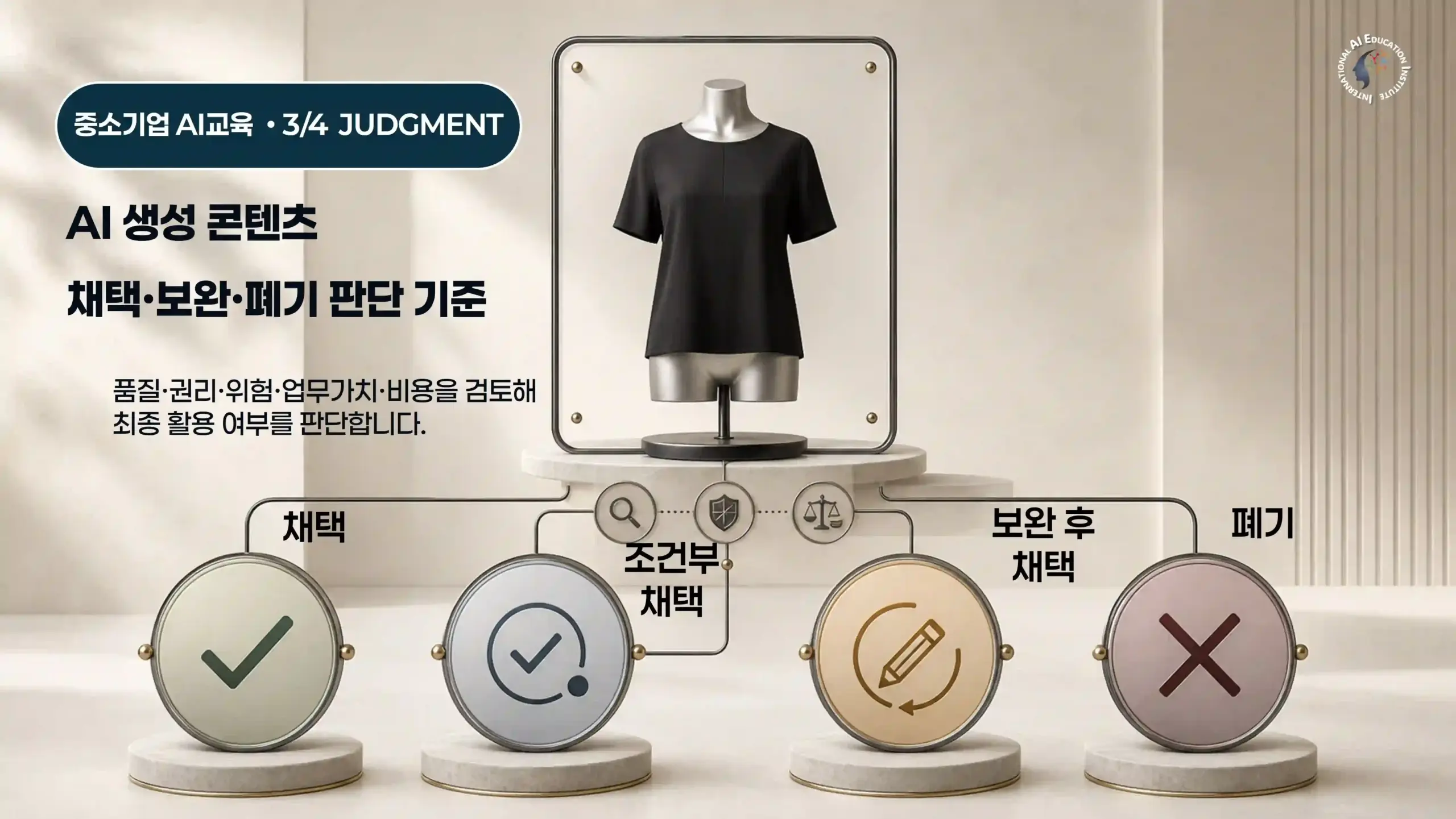 AI 생성 콘텐츠를 채택·조건부채택·보완후채택·폐기로 판단하는 기준을 보여주는 국제AI교육원 3편 대표 이미지