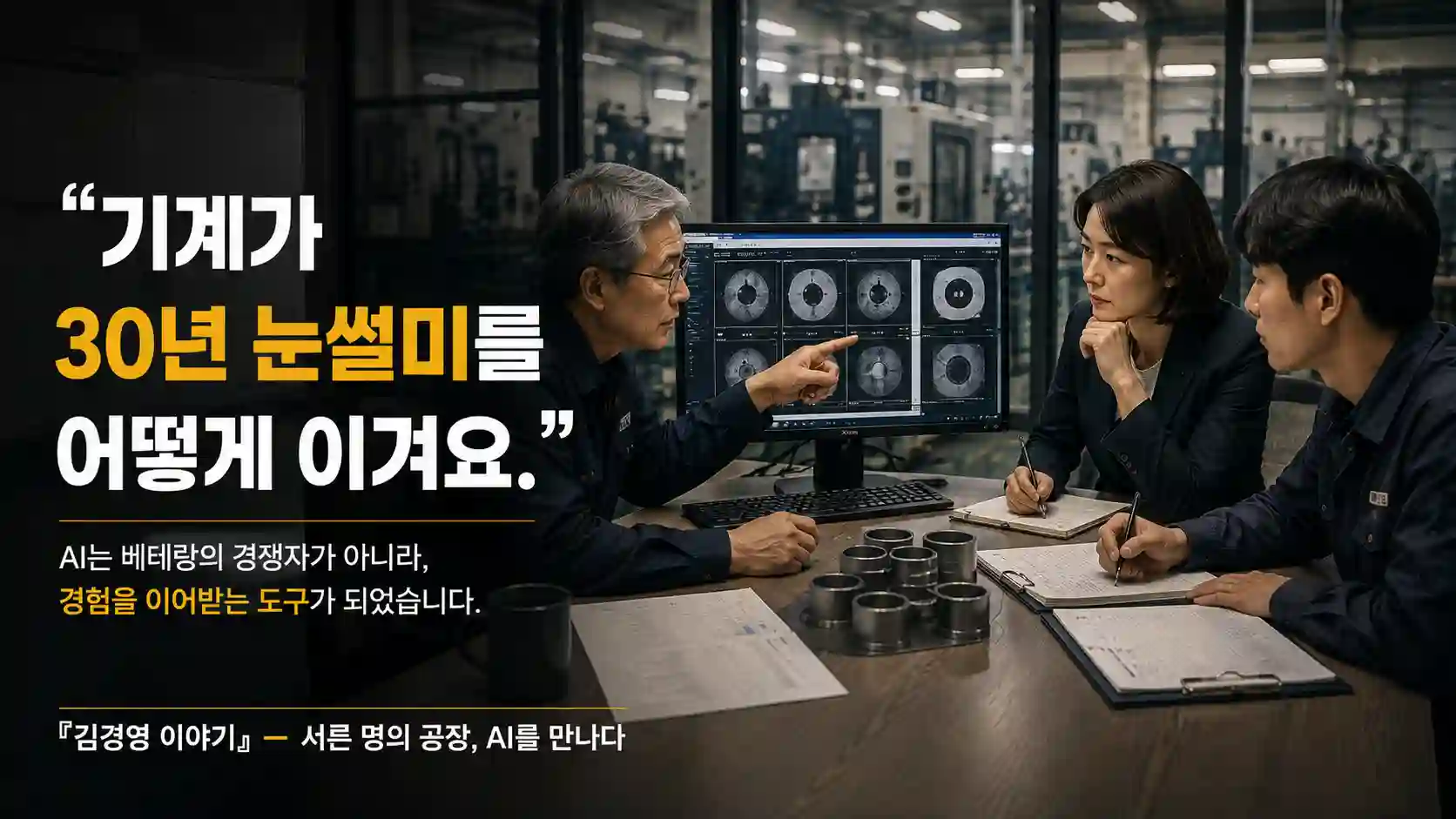 오 부장이 모니터의 검사 결과를 가리키며 김경영 대표와 박 과장에게 불량 판단 기준을 설명하는 장면