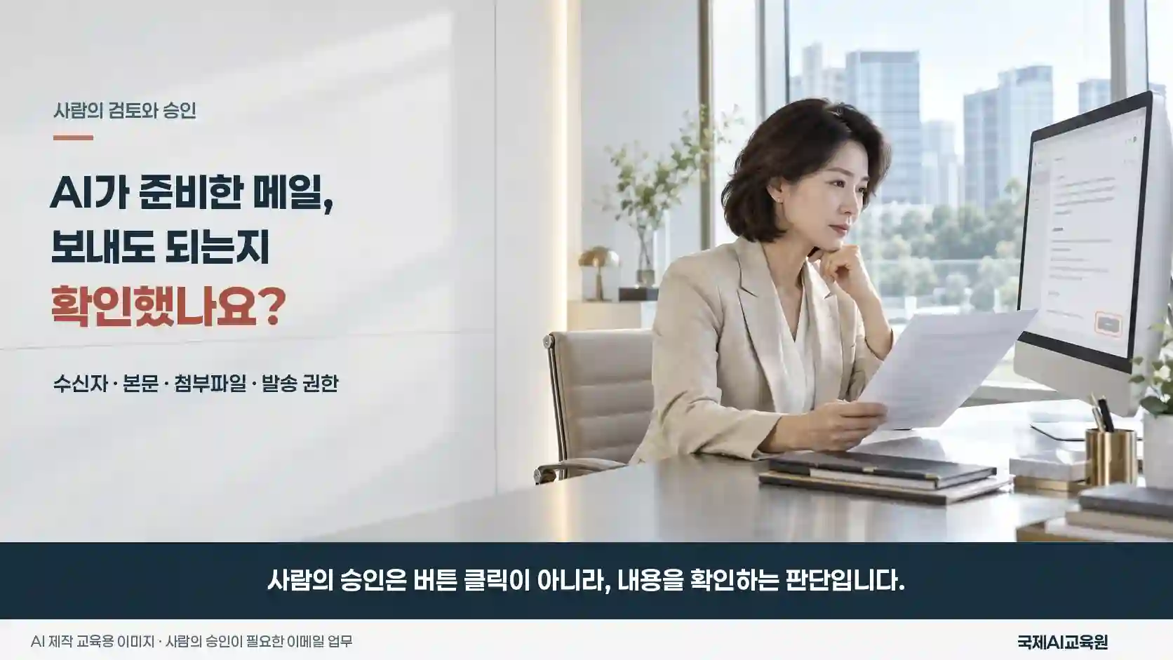 AI가 준비한 메일을 발송 전에 담당자가 모니터와 출력본으로 검토하는 장면 — 수신자·본문·첨부파일·발송 권한 확인
