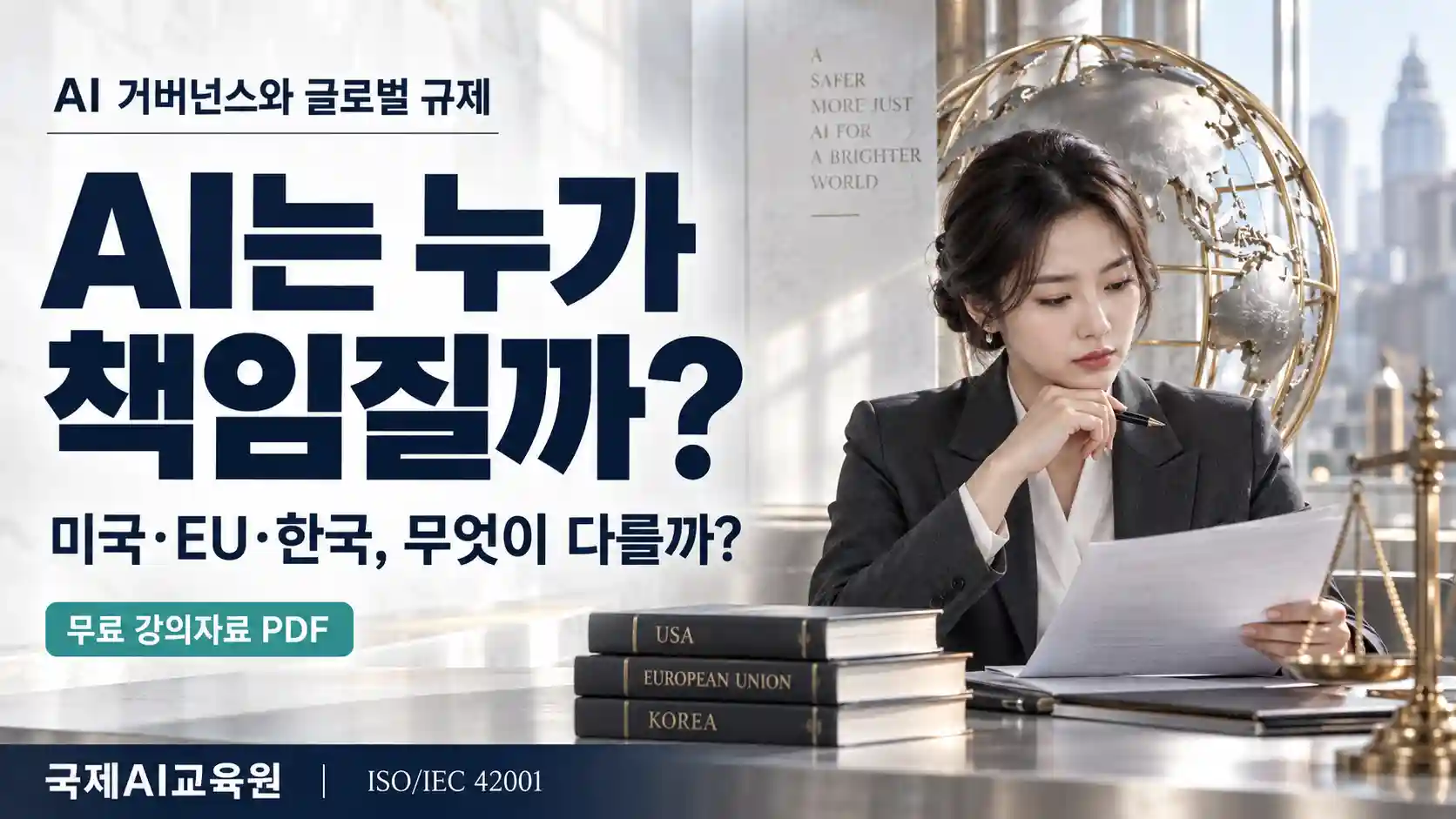 AI는 누가 책임질까라는 문구와 함께, 은색 지구본 옆에서 문서를 검토하는 전문가를 표현한 AI 거버넌스 강의 이미지