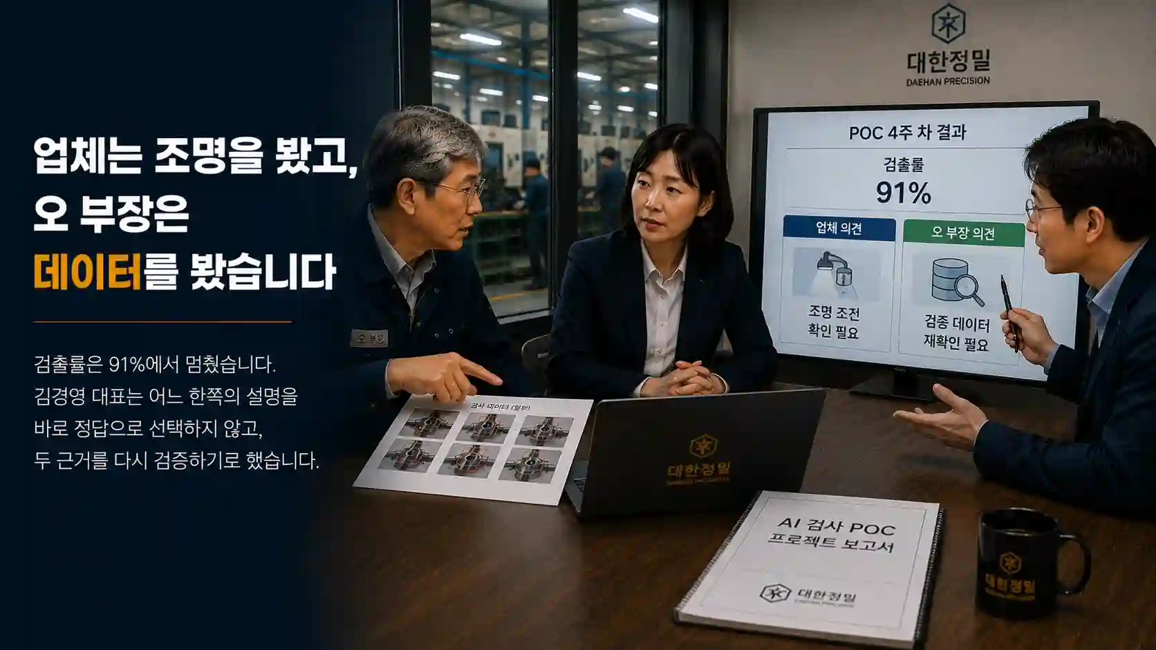 91퍼센트의 검사 결과를 두고 업체와 오 부장의 서로 다른 진단을 검토하는 김경영 대표