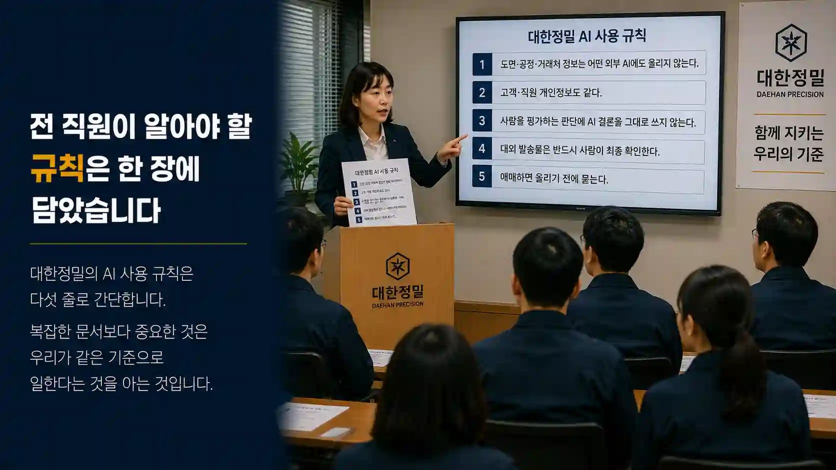 김경영 대표가 전 직원에게 다섯 줄로 정리한 기업 AI 사용 규칙을 설명하는 장면
