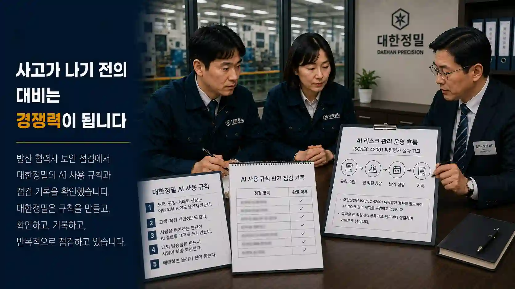 방산 협력사 보안 점검에서 기업 AI 사용 규칙과 반기 점검 기록을 확인하는 김경영 대표와 점검관