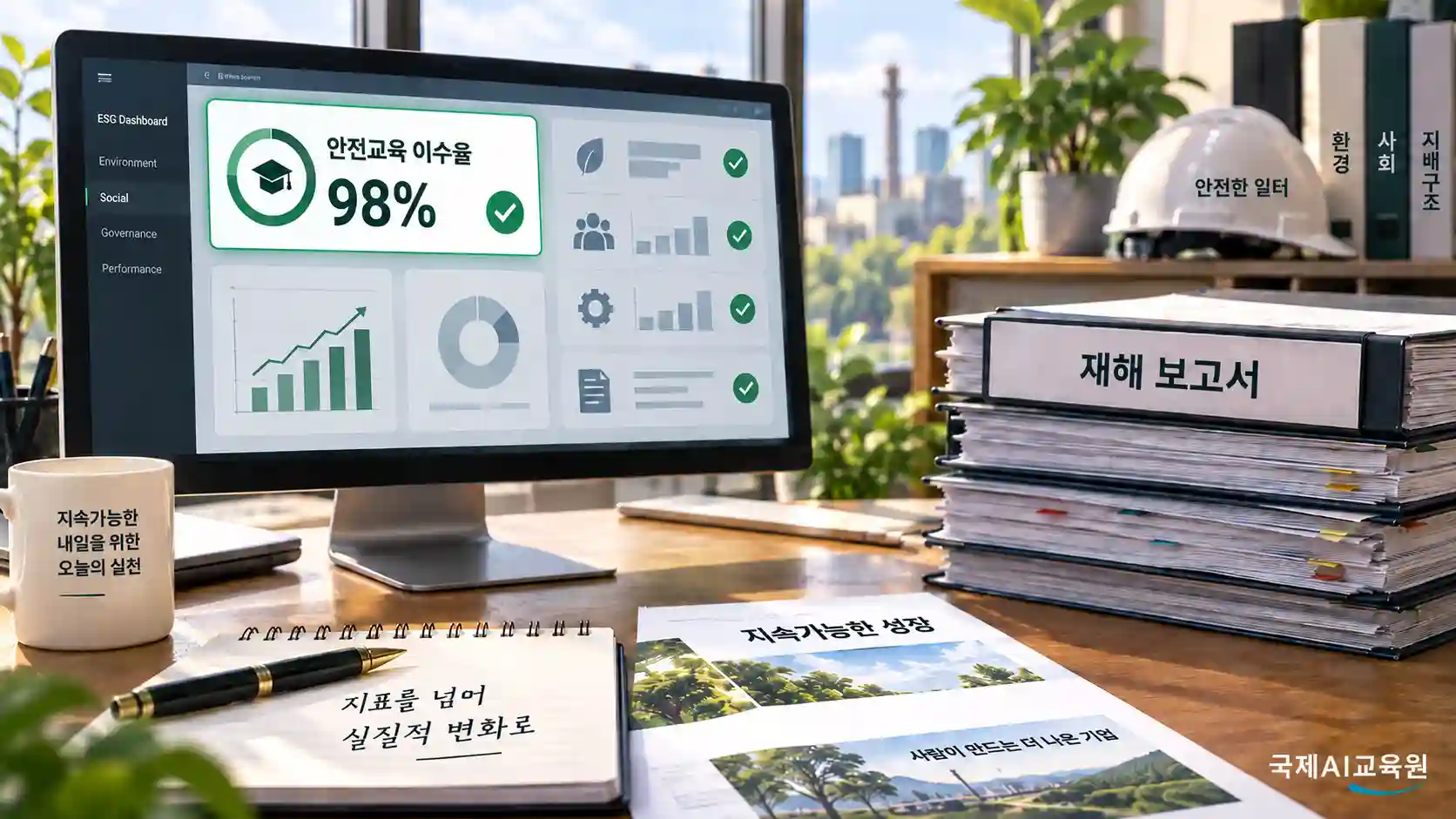 ESG 대시보드의 안전교육 이수율 98% 달성 표시 옆에 재해 보고서가 쌓여 있는 장면