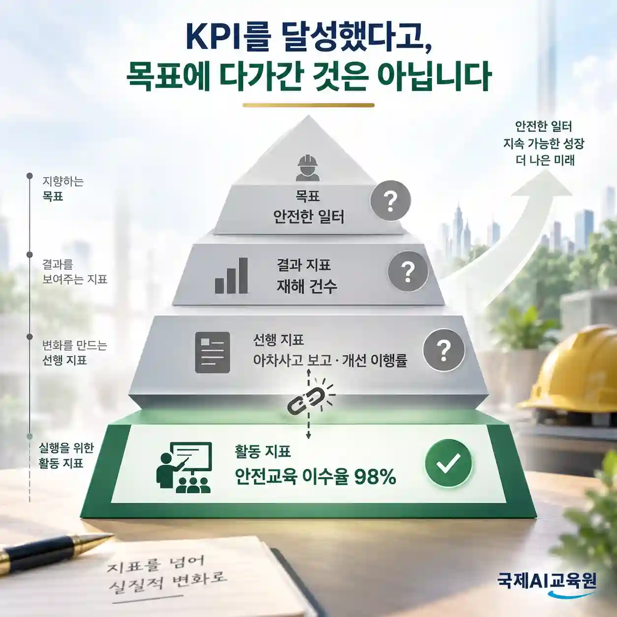 목표, 결과 지표, 선행 지표, 활동 지표로 이어지는 4단 피라미드 인포그래픽 — 맨 아래 활동 지표(안전교육 이수율 98%)만 달성 표시가 있고, 위의 목표·결과 지표·선행 지표는 물음표로 측정되지 않음을 표현